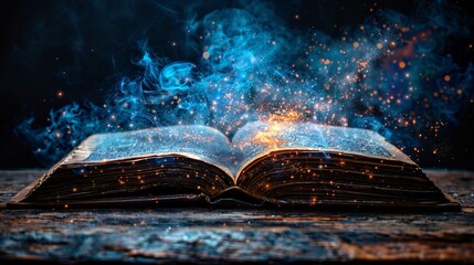 An open book releasing wisps of smoke, indicating a mystical or magical event taking place within the pages