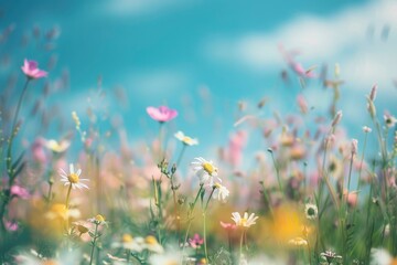 A beautiful, sun-drenched spring summer meadow. Natural colorful panoramic landscape with many wild flowers of daisies against blue sky. A frame with soft selective focus with generative ai