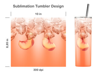 Obraz premium Realistic Peach drink pattern with ice cubes. Seamless sublimation template for 20 oz skinny tumbler. Sublimation illustration. Seamless from edge to edge. Full tumbler wrap.