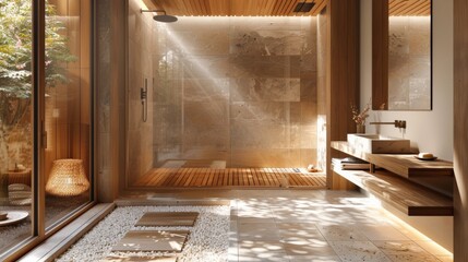 High-quality image of a Japanese-style bathroom with a walk-in shower, natural stone tiles, and wooden elements