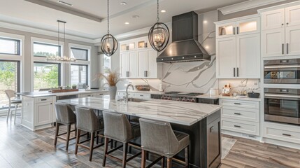 High-quality image of a kitchen with a modern design, featuring a spacious island, quartz countertops, and stylish appliances