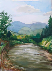 Landscape with mountains and river. Watercolor