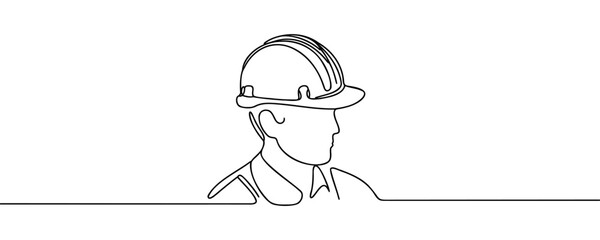 Single continuous line drawing of a young builder. Business concept of building architecture. Single line vector.