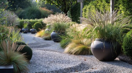 High-quality image of a minimalist garden with a gravel pathway, sleek planters, and tall grasses