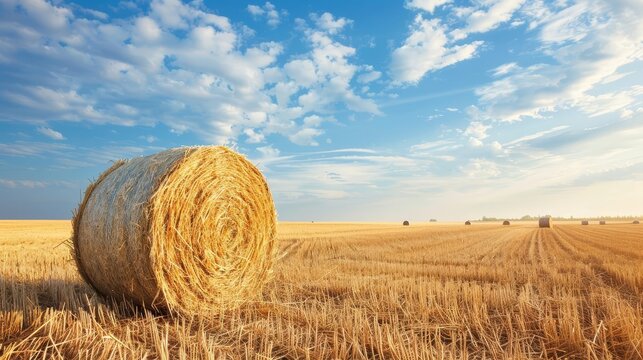 scenic harvested straw field with hay bale agriculture landscape copy space