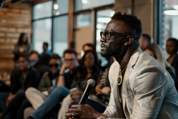 A Black entrepreneur, hosting a fireside chat with industry leaders in a trendy co-working space, facilitating candid discussions on entrepreneurship and innovation, his passion for disruption and