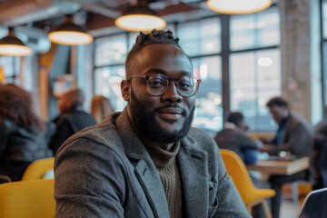 A Black entrepreneur, hosting a fireside chat with industry leaders in a trendy co-working space, facilitating candid discussions on entrepreneurship and innovation, his passion for disruption and