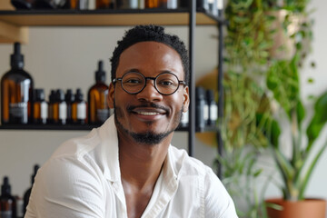 Obraz premium A Black entrepreneur disrupting the natural cosmetics market with his innovative formulations and inclusive brand ethos, championing diversity and self-expression through his line of clean beauty