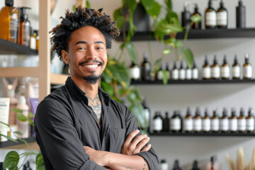 A Black entrepreneur disrupting the natural cosmetics market with his innovative formulations and inclusive brand ethos, championing diversity and self-expression through his line of clean beauty