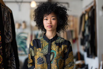 A Asian fashion designer pushing boundaries and defying stereotypes in the fashion industry with her bold and innovative clothing designs, celebrating the beauty of diversity and individuality in