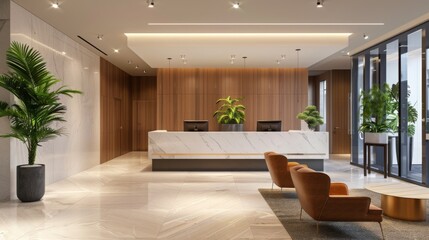 A view of the reception area in a modern office building, featuring sleek furniture, a reception desk, plants, and contemporary decor.
