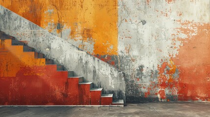 A vibrant staircase juxtaposes a distressed grunge wall in an urban setting, showcasing texture and...