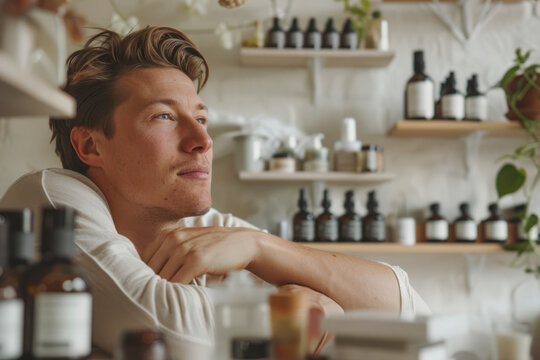 A Caucasian man passionate about natural wellness, curating a collection of clean cosmetics that reflect his commitment to purity and transparency, with each product thoughtfully crafted to enhance