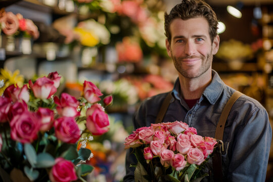 A Caucasian man holding a bouquet of roses while tending to his flower shop, offering a friendly smile to customers as they browse his selection.