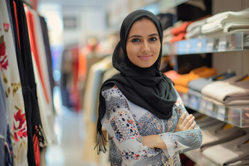 A confident Arabian saleswoman stands ready to assist customers in the clothing store. With her expertise in fashion and impeccable customer service skills, she effortlessly helps shoppers navigate