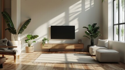 High-quality image of a minimalist living room with a floating media unit, sleek furniture, and a serene ambiance