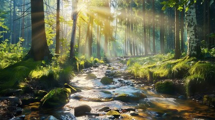 Obraz premium serene forest stream with sunbeams filtering through trees nature landscape