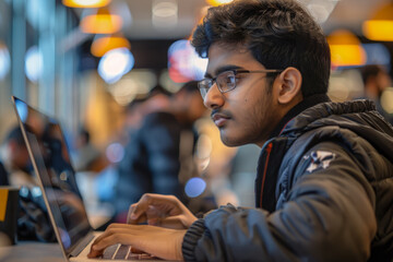 A Generation Z male of Indian heritage, immersed in a coding marathon at a hackathon event, collaborating with peers to develop innovative solutions to pressing societal challenges, his