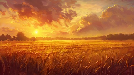 Obraz premium serene golden sunset over tranquil wheat field idyllic rural landscape digital painting