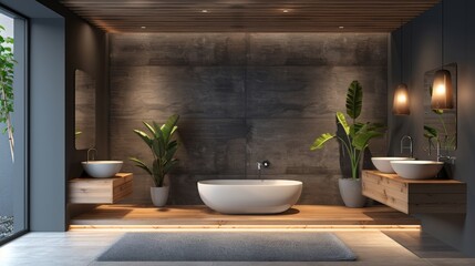 High-quality image of a modern bathroom with a wall-mounted vanity, vessel sinks, and stylish lighting