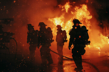 A group of brave firefighters battling a raging inferno, their silhouettes illuminated by the flames as they work tirelessly to contain the blaze and save lives.