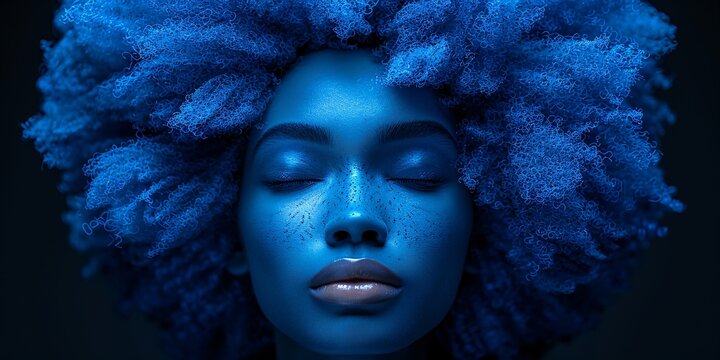 A woman with a vibrant blue afro hairstyle looking directly at the camera