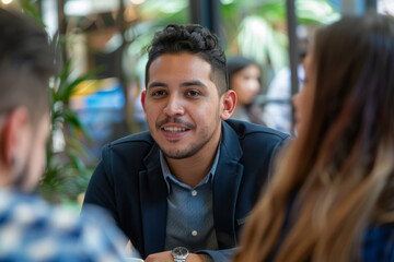 A Hispanic businessman, mentoring junior associates in a dynamic startup environment, sharing insights and wisdom gleaned from years of experience, his genuine empathy and encouragement inspiring the