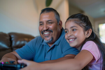 Obraz premium A Hispanic father and daughter have a blast playing video games together in the living room of their home. Their faces light up with happiness as they engage in friendly competition and cooperation,
