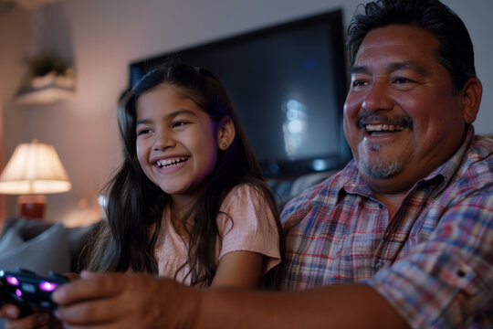 A Hispanic father and daughter have a blast playing video games together in the living room of their home. Their faces light up with happiness as they engage in friendly competition and cooperation,