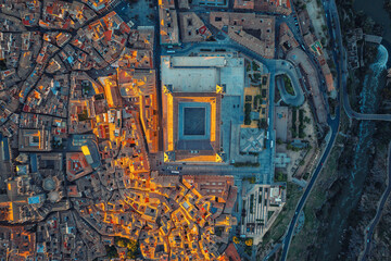 Aerial view of old town of Toledo, Spain. Ancient houses, narrow city streets