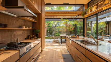 High-quality image of a modern Japanese kitchen with integrated appliances and natural wood finishes