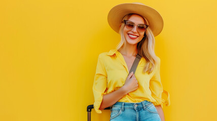 Stylish woman in yellow hat poses with suitcase