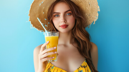 Woman in straw hat holding glass of orange juice