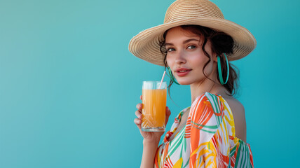 Woman in straw hat holding glass of orange juice