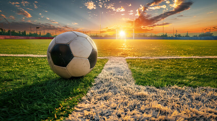 Soccer ball resting on field at sunset