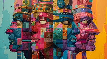 Folkloric faces illustration, inspired by ancient culture.