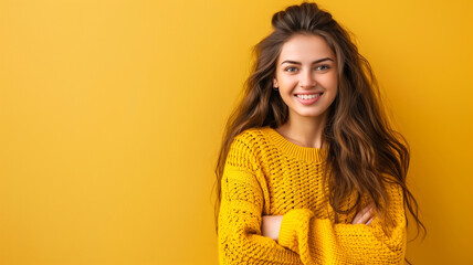 Young woman in yellow sweater against yellow background
