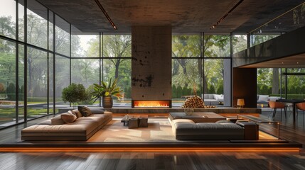 Fototapeta premium High-quality image of a modern living room with floor-to-ceiling windows, a minimalist fireplace, and clean lines