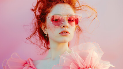 Stylish woman with red hair and pink sunglasses poses