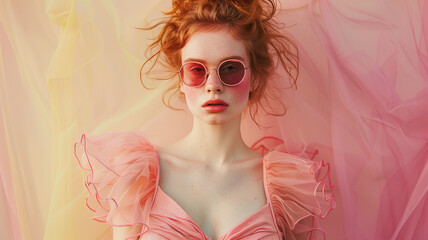 Woman wearing pink sunglasses on pink background