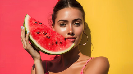 Woman holding a slice of watermelon against colorful background