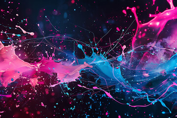 A dynamic paint splash with splashes of bright pink and blue against a dark abstract background, with a complex interconnected line pattern in