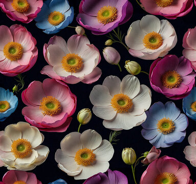 Seamless colorful anemone flowers pattern, realistic style, spring wallpaper design. Generative ai