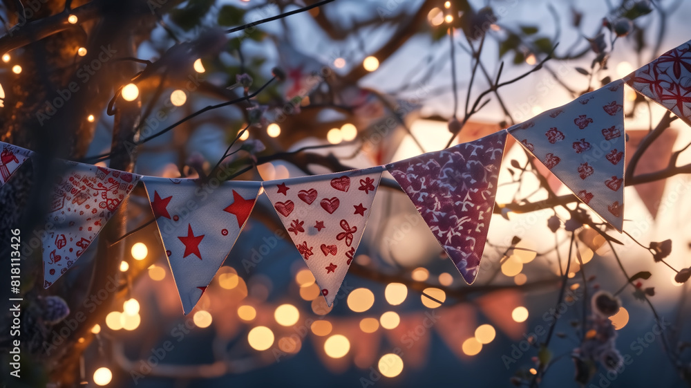 Poster fabric bunting flags with various patterns hanging on a tree with string lights in the background. e