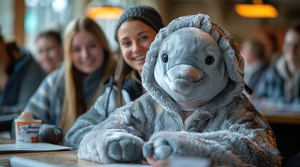 An office MVP dressed in a highly detailed and realistic dolphin costume, interacting with colleagues