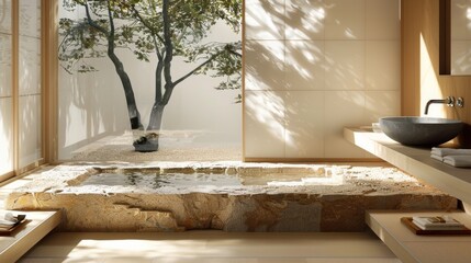 Japanese bathroom with a low-profile soaking tub, stone sink, and tatami mats