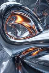 A visually arresting abstract image featuring reflective silver and orange metallic shapes