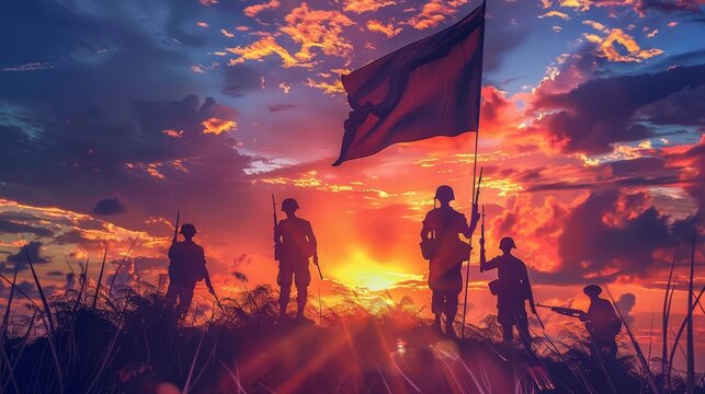 silhouetted soldiers raising flag at sunset honoring day of valor araw ng kagitingan dramatic digital painting