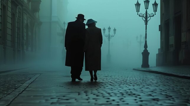 silhouetted senior couple walking in foggy historical city street romantic atmosphere