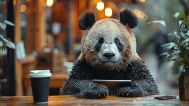 A lifelike portrayal of an MVP person in an office, wearing a detailed and realistic panda costume